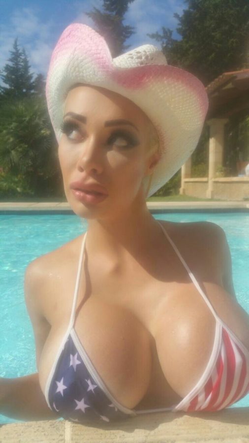 Blonde slutty babe by the pool