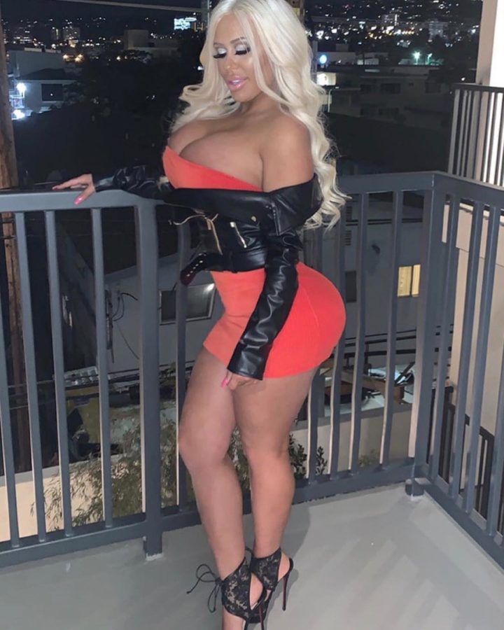 Blonde big tits bimbo tight red dress