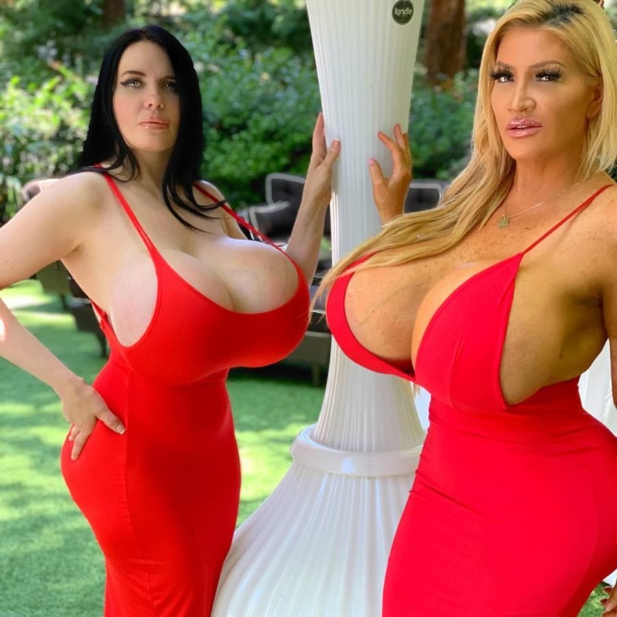 Mega big tits com Massive Boobed Milfs In Tight Red Dress Posing Outside