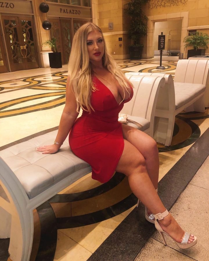 chubby blonde in tight red dress
