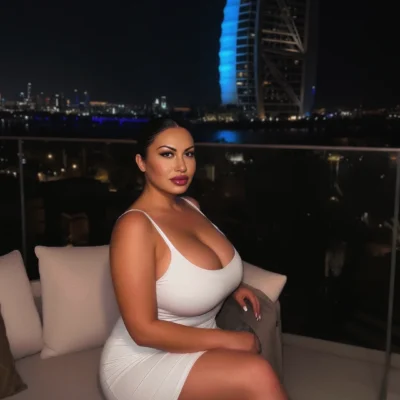Dubai premium escort service lady with huge breasts posing in white sexy mini skirt